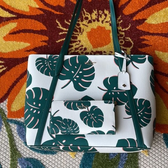 Kate Spade Cara Large Tote Monstera Leaves & Large Slim Bifold Wallet Cream Mult - Picture 15 of 16